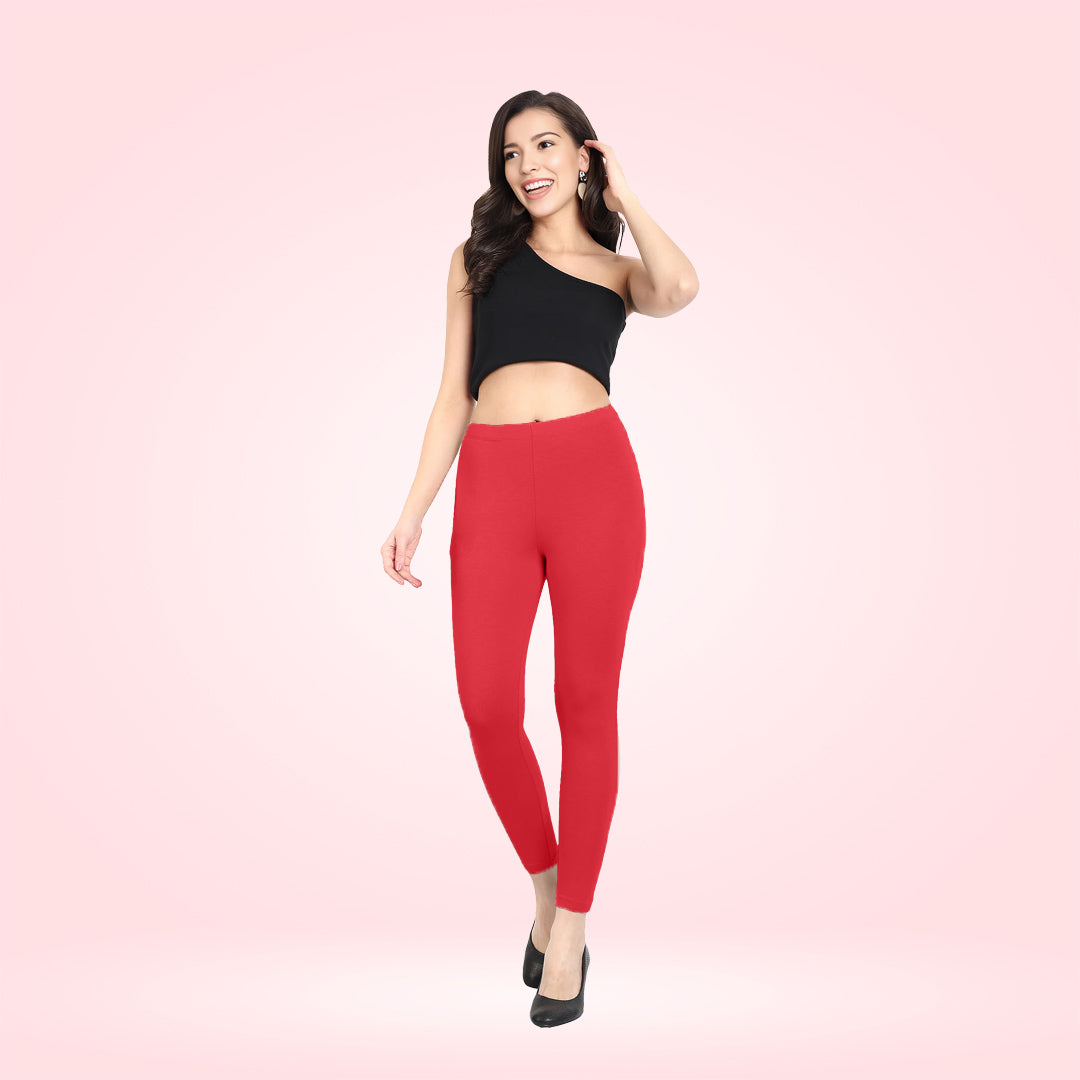 Ultra Comfortable Cotton Lycra Ankle Leggings for Women - Red