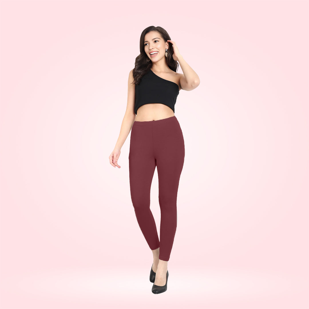 Premium Cotton Lycra Ankle-Length Leggings for Women - Maroon