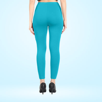 Soft and Stretchy Cotton Lycra Ankle Leggings for Women - Turquoise Blue