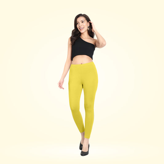 Ultra Comfortable Cotton Lycra Ankle Leggings for Women - Lemon Yellow