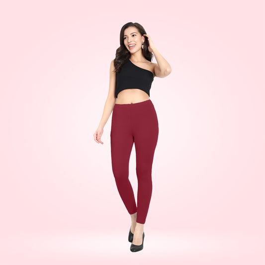 Premium Cotton Lycra Ankle-Length Leggings for Women - Red Maroon