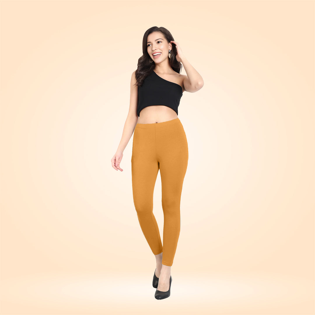 Luxurious Cotton Lycra Ankle Leggings for Women - Mustard Yellow