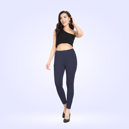 Premium Cotton Lycra Ankle-Length Leggings for Women - Navy Blue