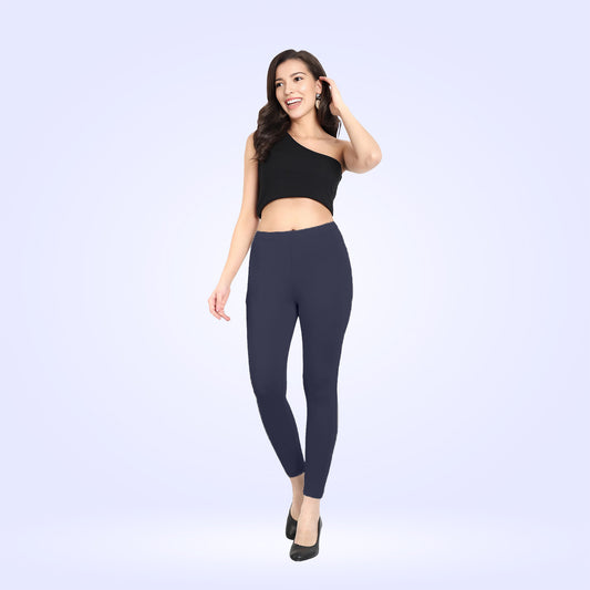 Premium Cotton Lycra Ankle-Length Leggings for Women - Navy Blue