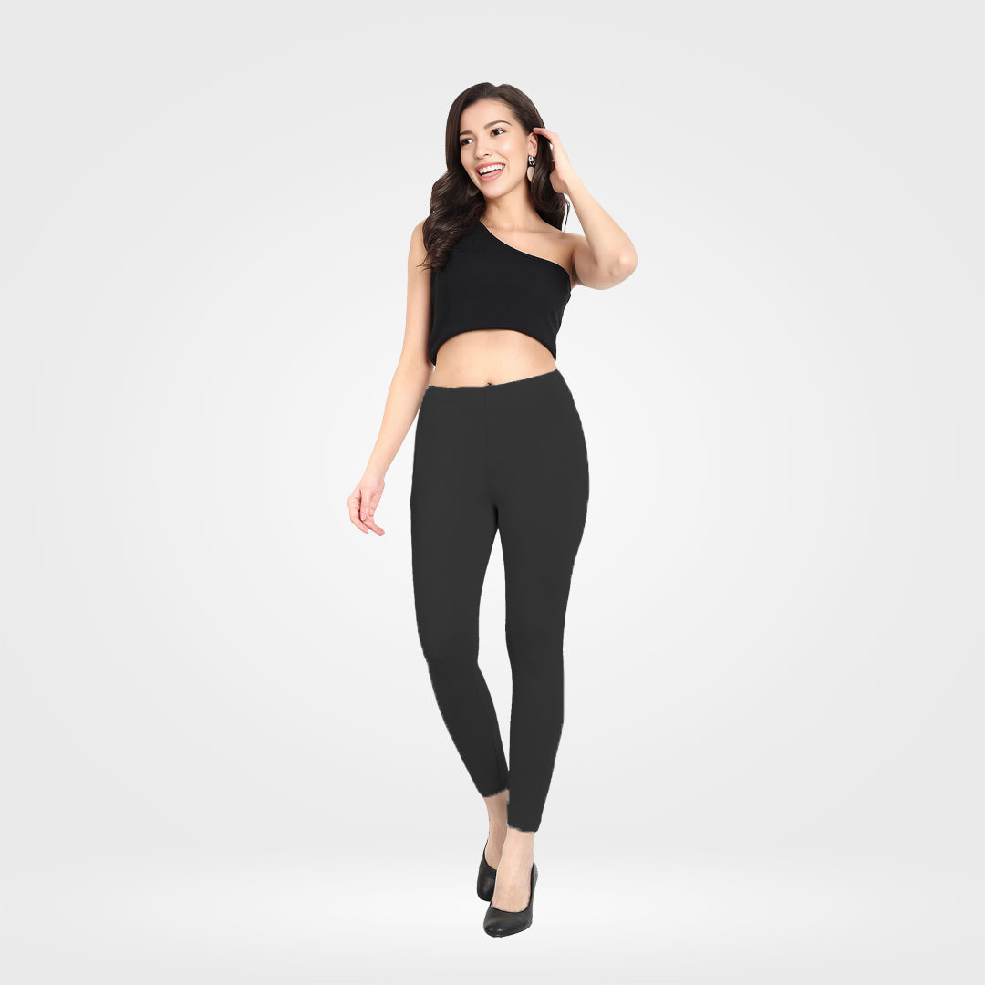 Soft and Stretchy Cotton Lycra Ankle Leggings for Women - Black