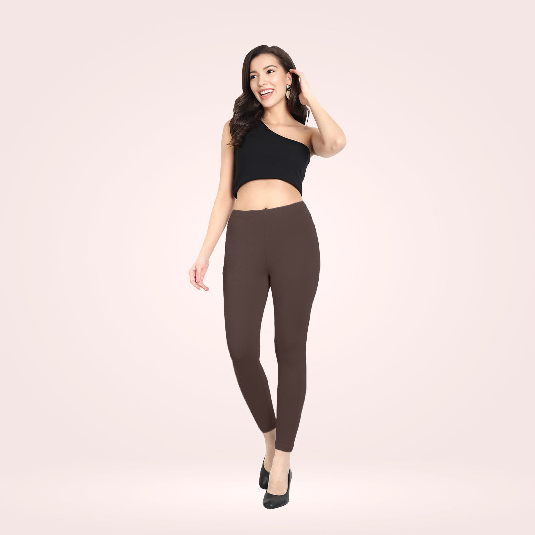 Super Soft Cotton Lycra Ankle Leggings for Women - Brown