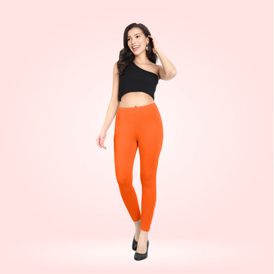 Luxurious Cotton Lycra Ankle Leggings for Women - Orange