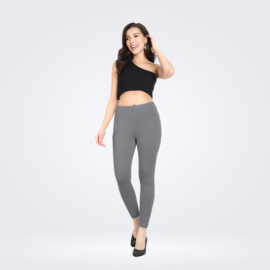 Soft and Stretchy Cotton Lycra Ankle Leggings for Women - Stone Gray