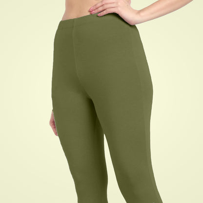 Ultra Comfortable Cotton Lycra Ankle Leggings for Women - Olive Green