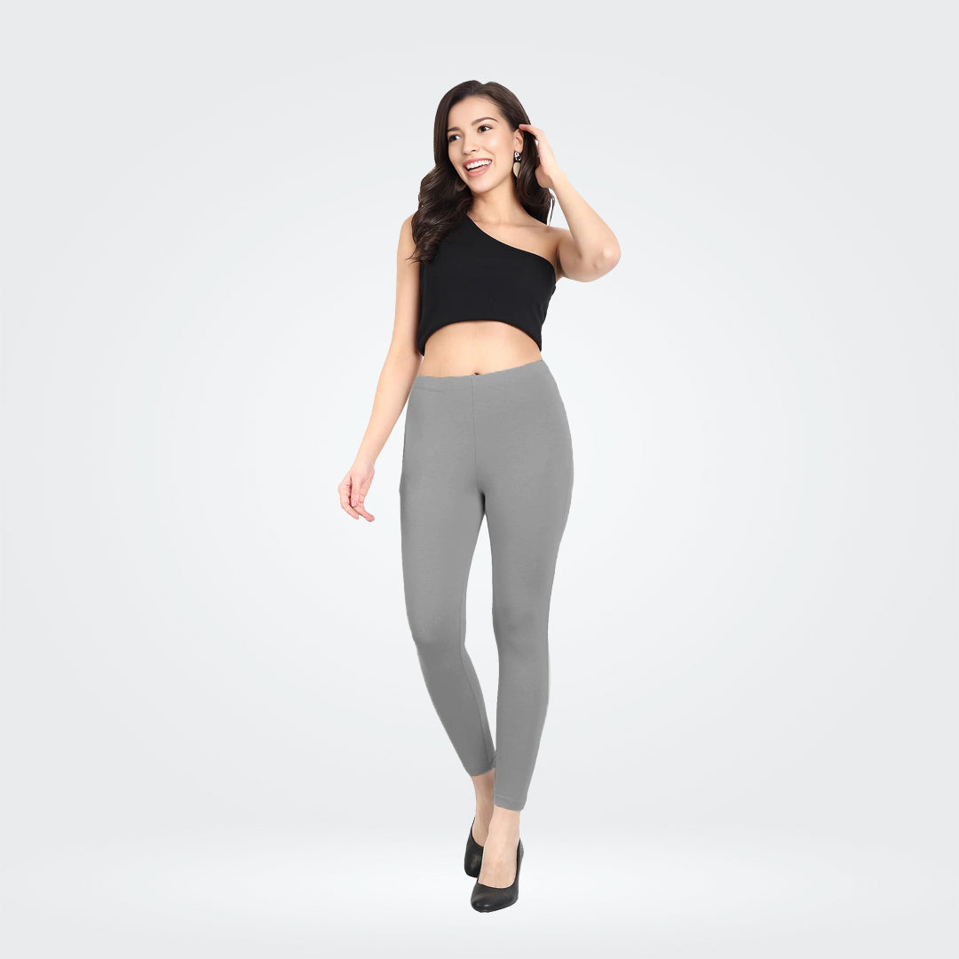 Soft and Stretchy Cotton Lycra Ankle Leggings for Women - Gray