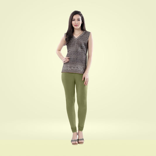 Ultra Soft and Stretchable Cotton Lycra Churidar Leggings for Women - Olive Green