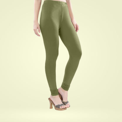 Ultra Soft and Stretchable Cotton Lycra Churidar Leggings for Women - Olive Green