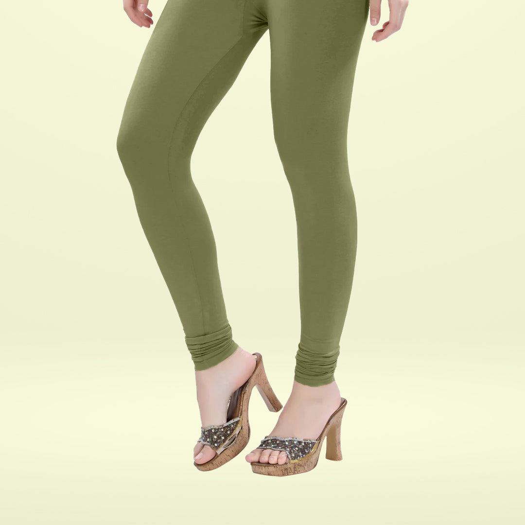 Ultra Soft and Stretchable Cotton Lycra Churidar Leggings for Women - Olive Green